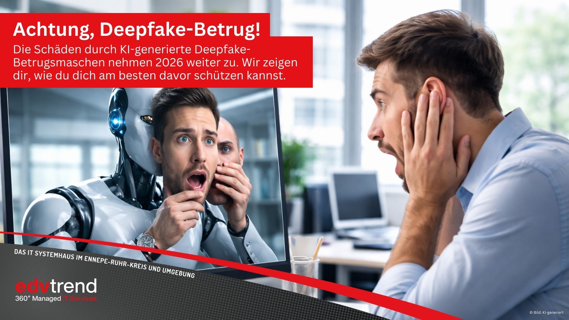 Die Schäden durch KI-generierte Deepfake-Betrugsmaschen nehmen 2026 weiter zu. edv-trend aus Gevelsberg dir, wie du dich am besten davor schützen kannst.