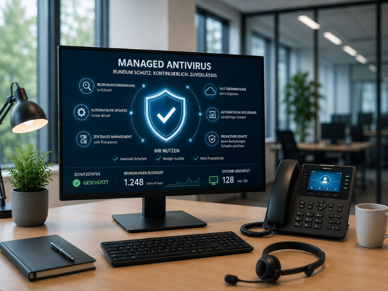 Bildschirm mit Managed-Antivirus-Dashboard am Büroarbeitsplatz