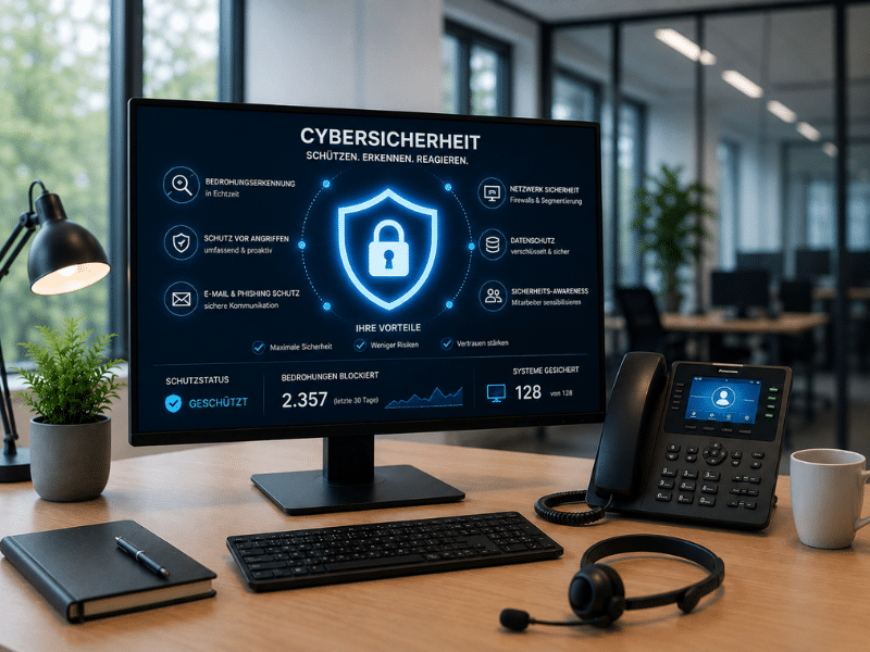 Bildschirm mit Cybersicherheits-Dashboard am Büroarbeitsplatz