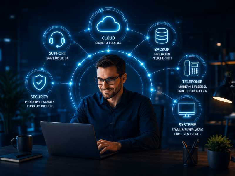 IT-Experte am Laptop mit Symbolen für Support, Cloud, Backup und Sicherheit
