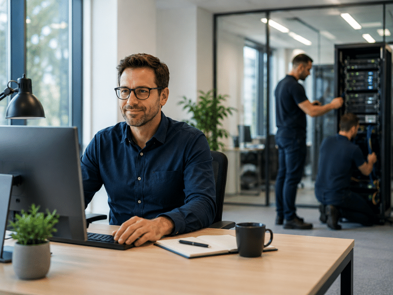 IT-Techniker von edv-trend bei Managed Services im Büro und im Serverraum