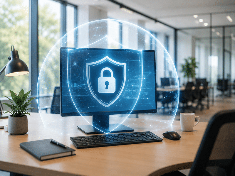 Monitor mit Schutzschild-Symbol als Sinnbild für IT-Sicherheit im Unternehmen