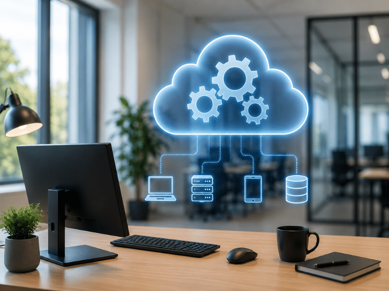 Cloud-Symbol über einem Büroarbeitsplatz als Sinnbild für Cloud Services
