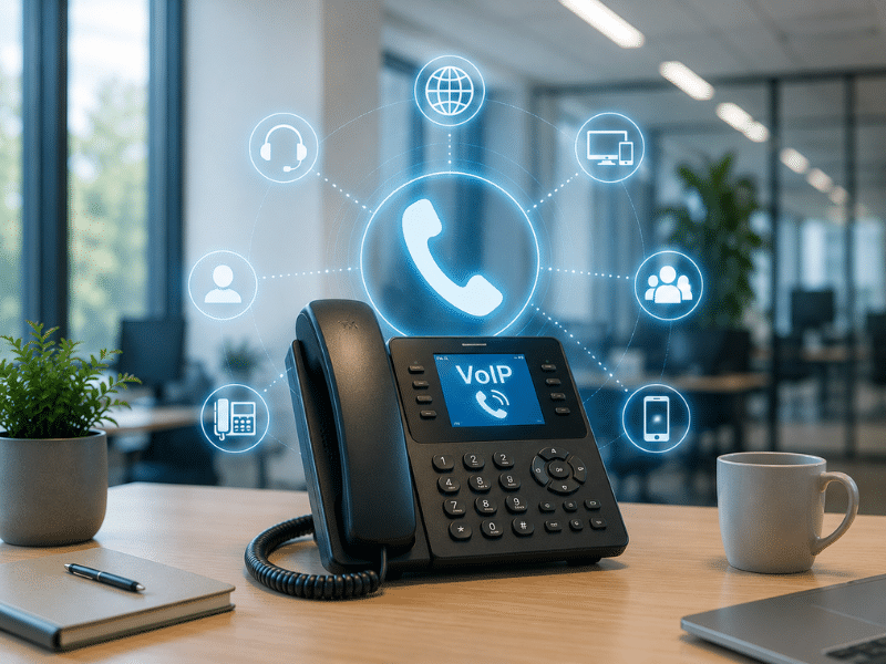 VoIP-Telefon mit Cloud-Symbolen für moderne Telefonanlagen