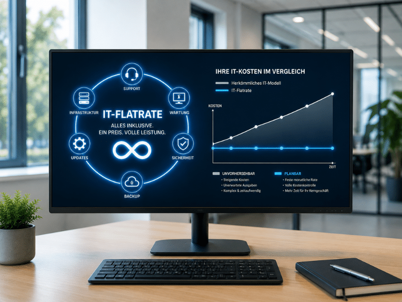 Monitor mit IT-Flatrate-Grafik und Kostenvergleich