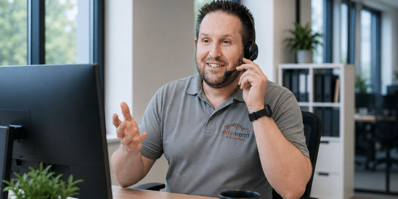Mitarbeiter von edv-trend am Telefon im IT-Support