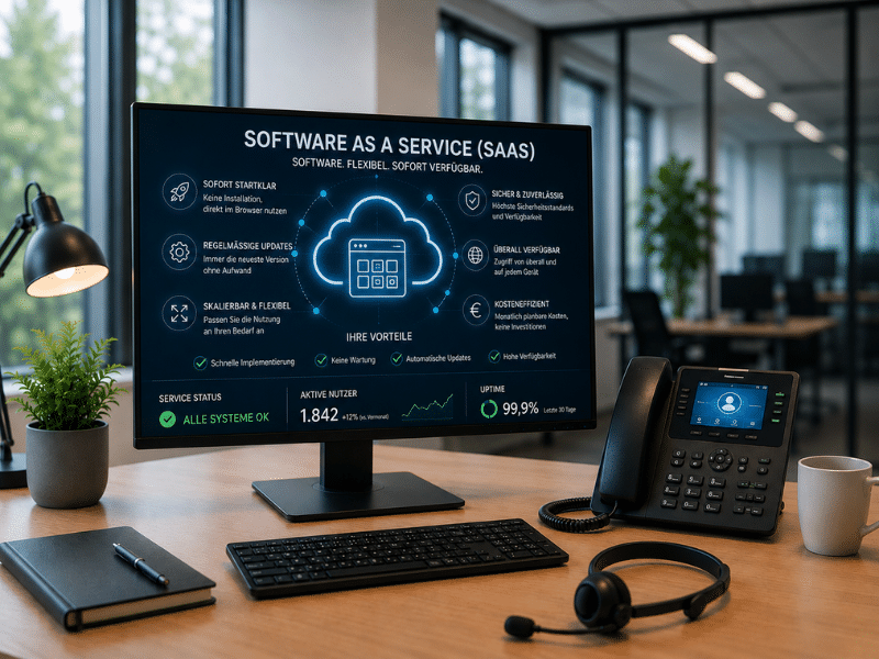 Bildschirm mit Software-as-a-Service-Übersicht am Arbeitsplatz