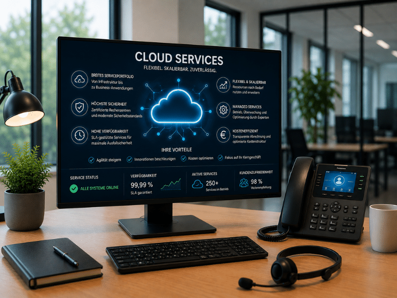 Bildschirm mit Cloud-Services-Übersicht am Arbeitsplatz