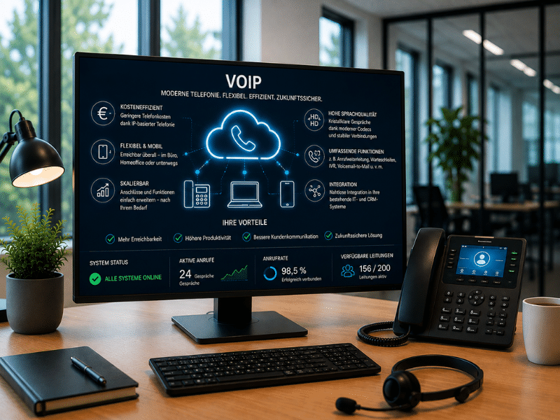 Bildschirm mit VoIP-Telefonie-Übersicht neben einem IP-Telefon
