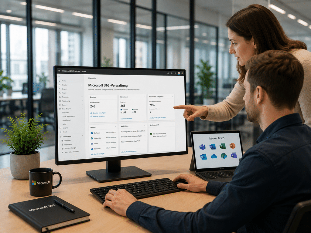Beraterin erklärt einem Kunden die Microsoft-365-Verwaltung am Bildschirm